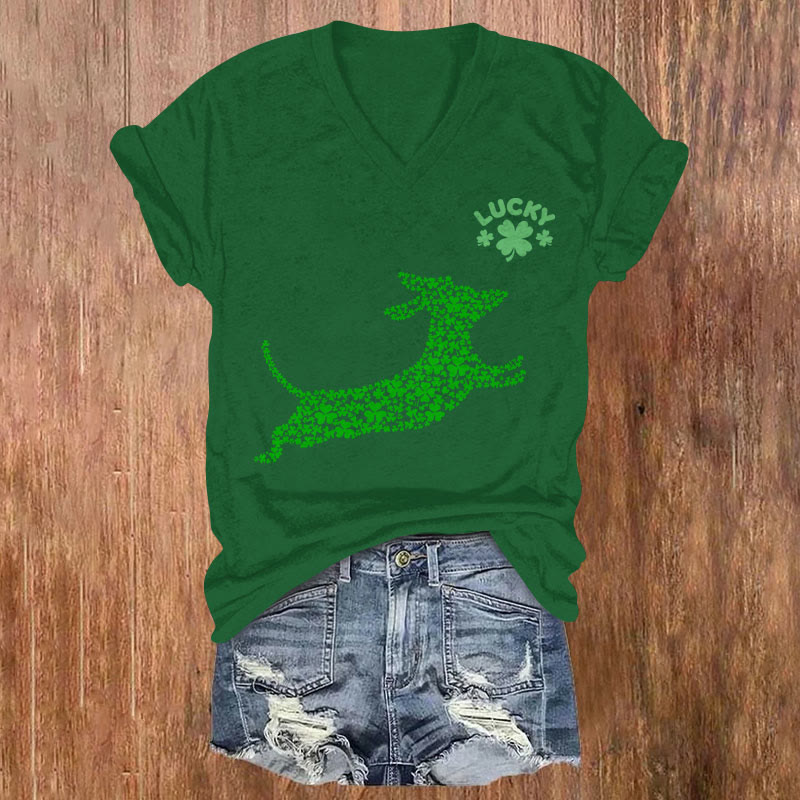 St. Patrick's Day Four-leaf Clover Dog Print Short Sleeved V-neck T-shirt - Green - US32-34(5XL) - image 1