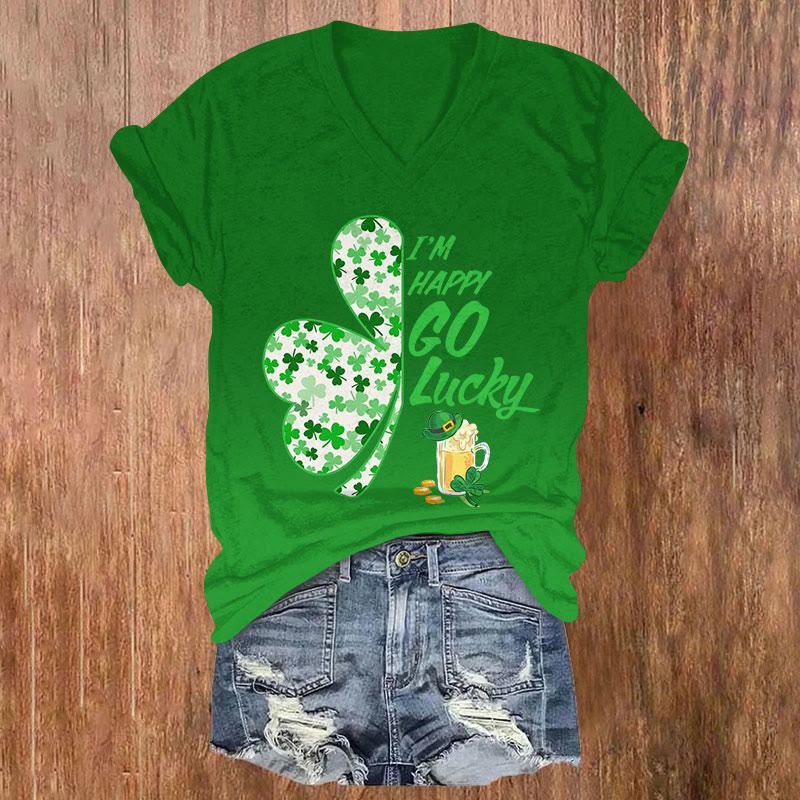 St. Patrick's Day I'm Happy Go Lucky Print Short Sleeved V-neck T-shirt - Green - US32-34(5XL) - image 1
