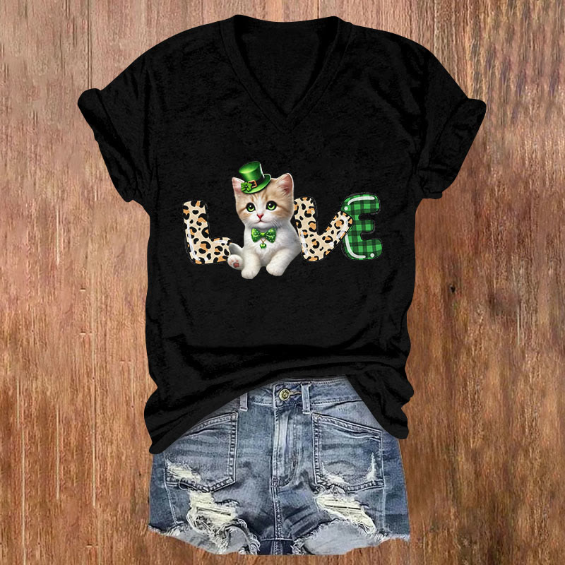 St. Patrick's Day LOVE Kitten Print Short Sleeved V-neck T-shirt - Black - US32-34(5XL) - image 2