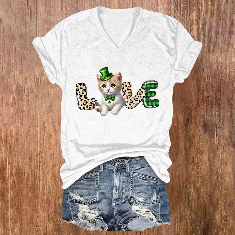St. Patrick's Day LOVE Kitten Print Short Sleeved V-neck T-shirt - White - US32-34(5XL) - image 1