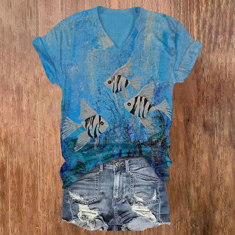Retro Watercolor Ocean Tropical Fish Print Short Sleeved V-neck T-shirt - Blue - US32-34(5XL) - image 1