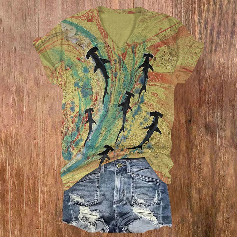 Camouflage Hammerhead Shark Pattern Print Short Sleeved V-neck T-shirt - Green - US32-34(5XL) - image 1