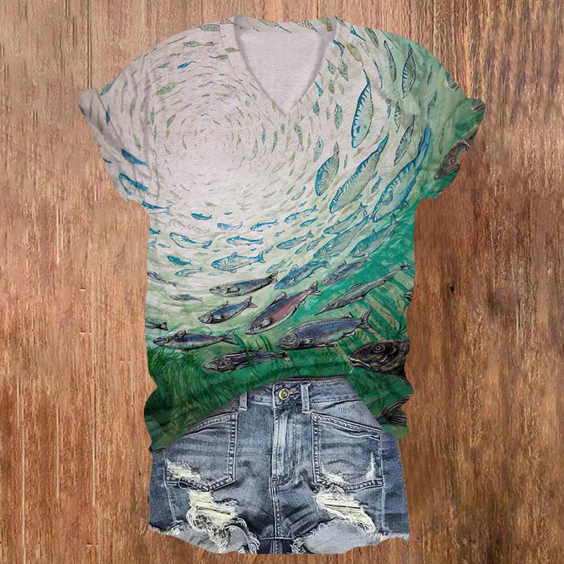 Creative Fish Whirlpool Print Short Sleeved V-neck T-shirt - Green - US32-34(5XL) - image 1