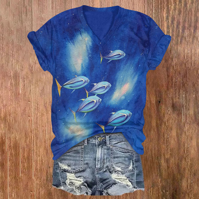 Vintage Starry Cartoon Fish Art Print Short Sleeved V-neck T-shirt - Blue - US32-34(5XL) - image 1