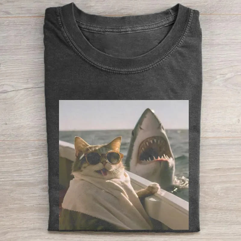 Unisex Funny Cat Print Short Sleeved Crew Neck T-Shirt - Black - 3XL - image 1