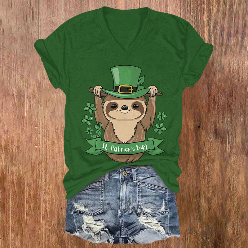 St. Patrick's Day Cute Sloth Print Short Sleeved V-Neck T-Shirt - Green - US32-34(5XL) - image 2