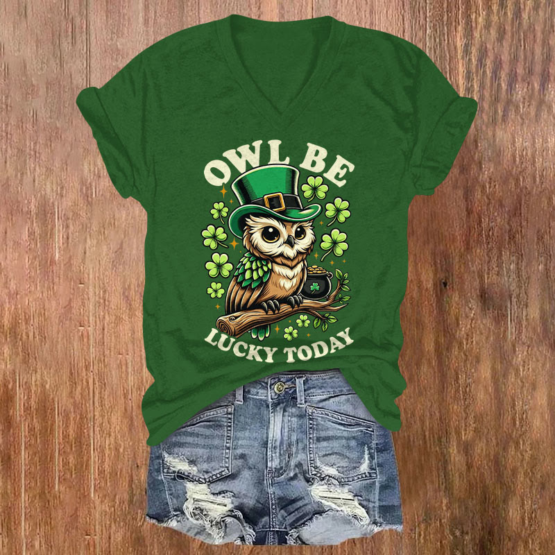 St. Patrick's Day Owl Be Lucky Today Short Sleeved V-Neck T-Shirt - Green - US32-34(5XL) - image 1
