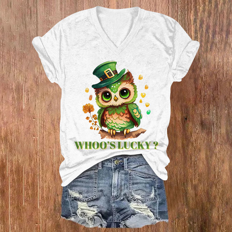 St. Patrick's Day Owl Print Short Sleeved V-Neck T-Shirt - White - US32-34(5XL) - image 1