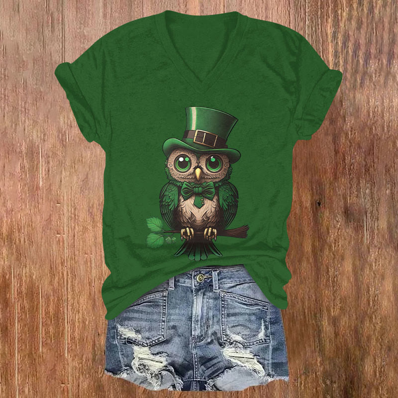 St. Patrick's Day Owl Wearing A Hat Print Short Sleeved V-Neck T-Shirt - Green - US32-34(5XL) - image 2