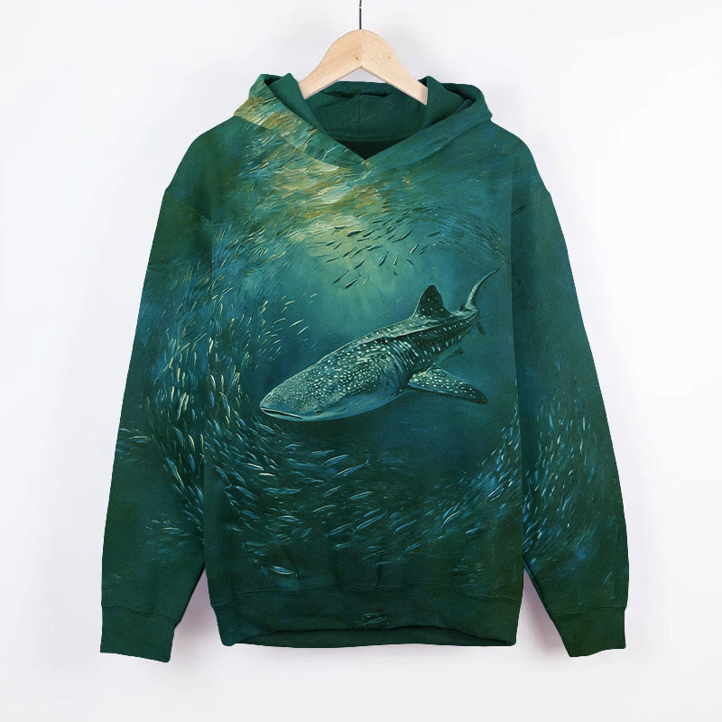 Oil Painting Whale Shark In Fish Swirl Art Print Long Sleeve Hoodie - Green - US44-46(8XL) - image 2