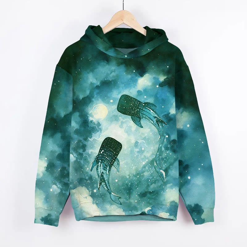 Fantasy Starry Sky Whale Art Print Long Sleeve Hoodie - Green - US44-46(8XL) - image 2