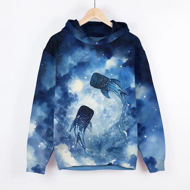 Fantasy Starry Sky Whale Art Print Long Sleeve Hoodie - Blue - US44-46(8XL) - image 1