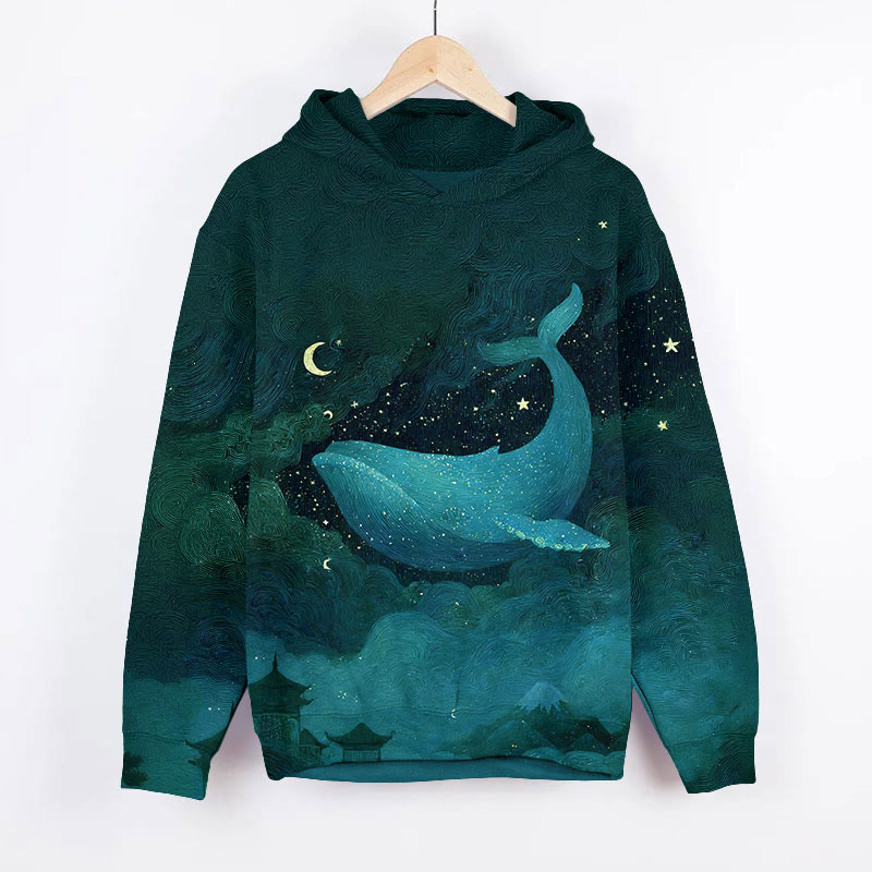 Watercolor Starry Night Whale Art Print Long Sleeve Hoodie - Green - US44-46(8XL) - image 2