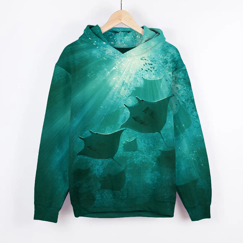 Sunshine For Underwater Ray Art Print Long Sleeve Hoodie - Green - US44-46(8XL) - image 1