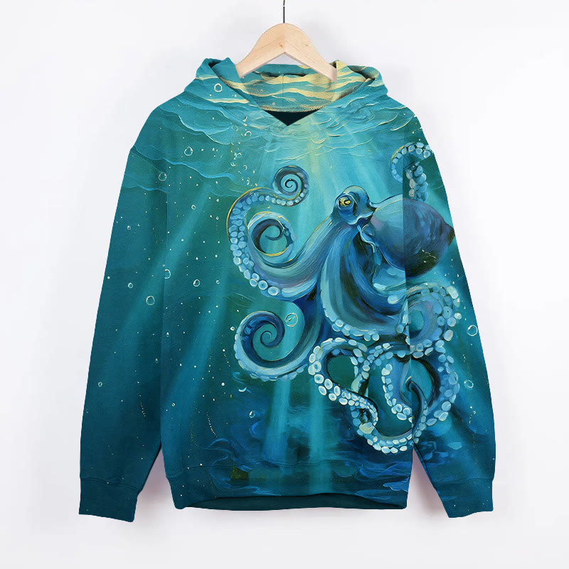 Creative Vivid 3D Octopus Art Print Long Sleeve Hoodie - Green - US44-46(8XL) - image 1