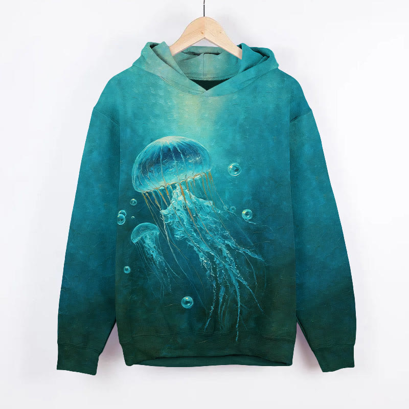 Mysterious Watercolor Jellyfish Art Print Long Sleeve Hoodie - Green - US44-46(8XL) - image 2