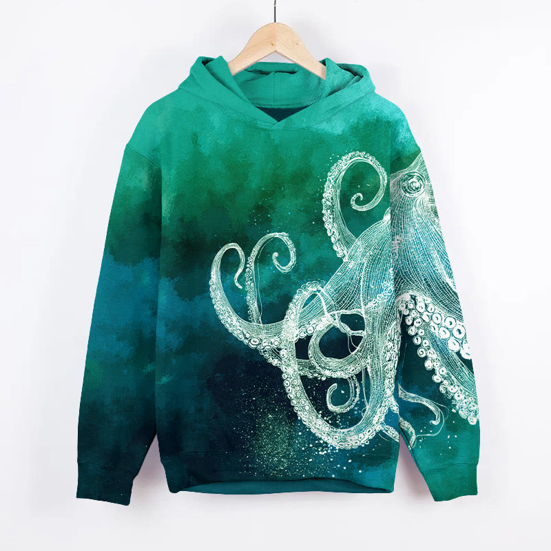 Retro Gradient Tie-dye Crystal Octopus Art Print Long Sleeve Hoodie - Green - US44-46(8XL) - image 2