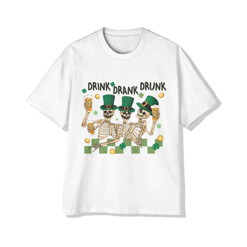 Unisex St. Patrick's Day Cheering Skeleton Man Print Short Sleeved Crew Neck T-shirt - White - 2XL - image 1