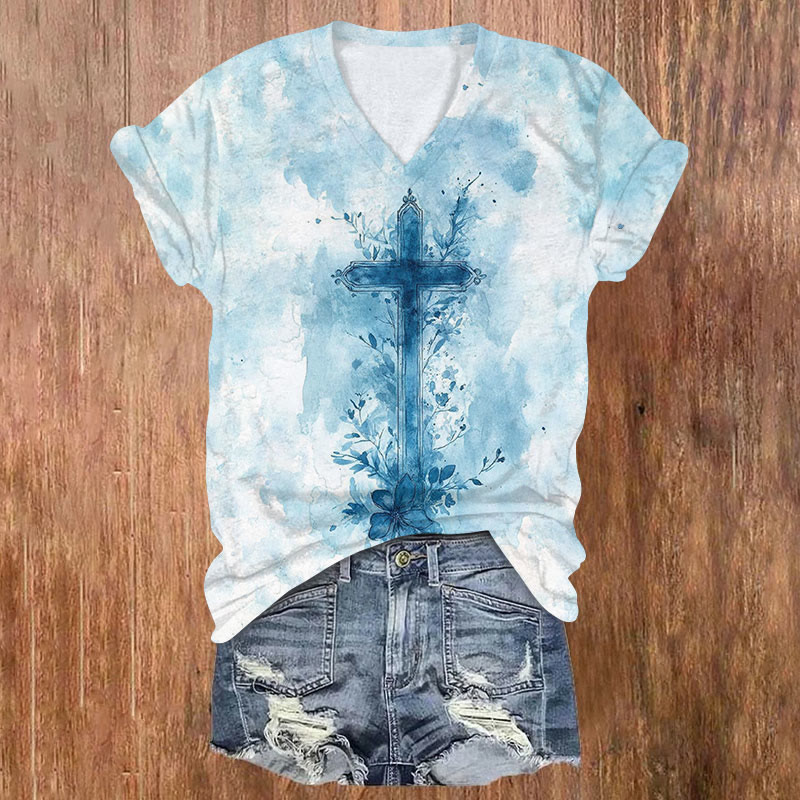 Watercolor Cross Shaped Floral Vines Print Short Sleeved V-Neck T-Shirt - Light Blue - US32-34(5XL) - image 1