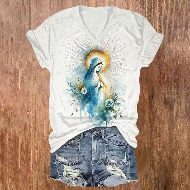 Virgin Mary Watercolor Print Short Sleeved V-Neck T-Shirt - White - US32-34(5XL) - image 1