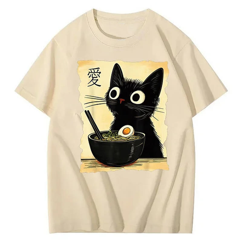 Unisex Funny Cat Eating Ramen Print Short Sleeved Crew Neck T-Shirt - Apricot - 2XL - image 2