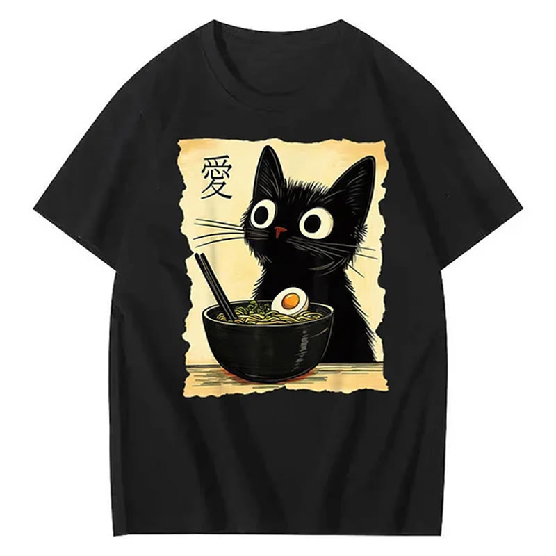 Unisex Funny Cat Eating Ramen Print Short Sleeved Crew Neck T-Shirt - Black - 2XL - image 1