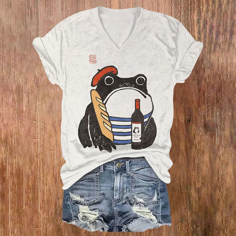Fun French Frog Print Short Sleeved V-Neck T-Shirt - Beige - US32-34(5XL) - image 1