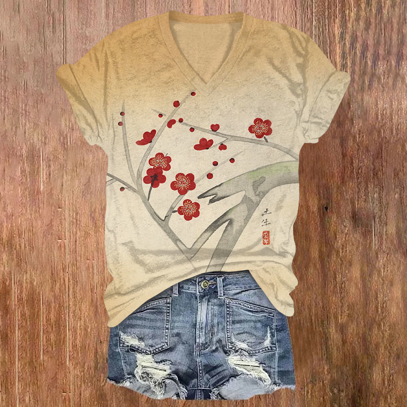 Japanese Plum Blossom Print Short Sleeved V-Neck T-Shirt - Khaki - US32-34(5XL) - image 1
