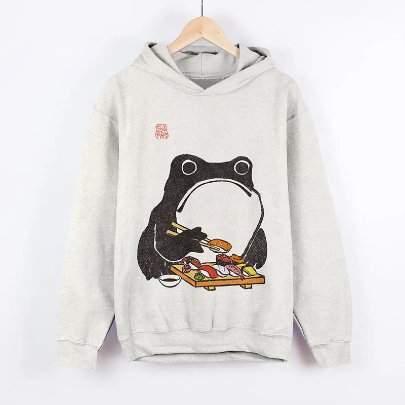 Unisex Japanese Frog Sushi Print Long Sleeved Hoodie - Beige - US44-46(8XL) - image 1
