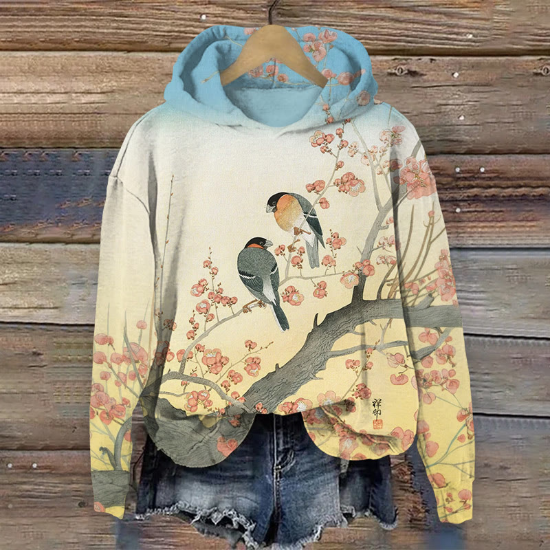 Japanese Birds And Flowers Print Long Sleeved Hoodie - Apricot - US44-46(8XL) - image 1