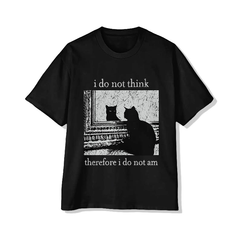 I Do Not Think Therefore I Do Not Am Cat Print Short Sleeved Crew Neck T-Shirt - Black - 2XL - image 1