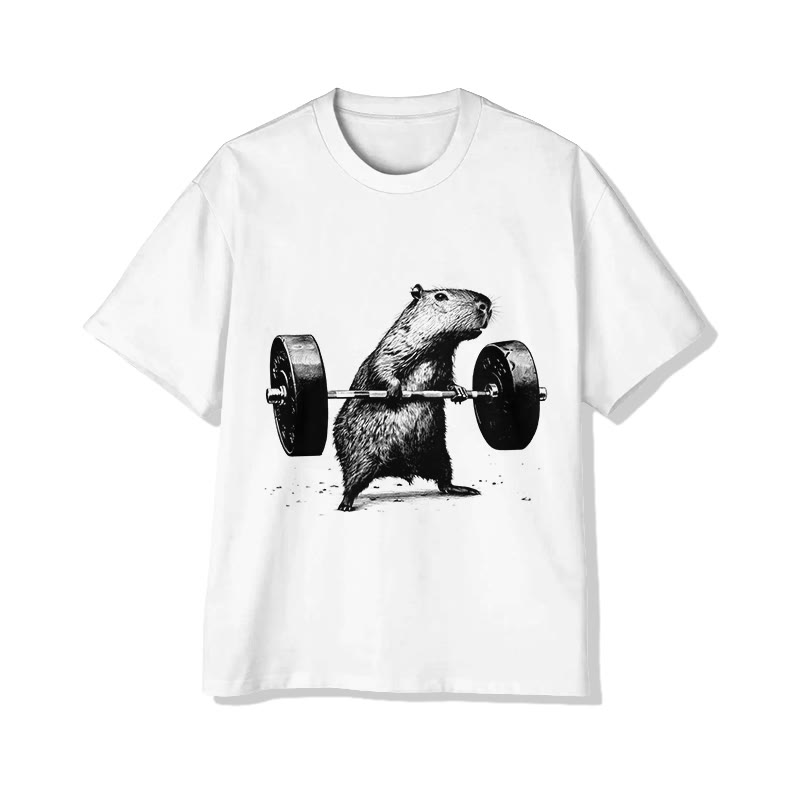 Unisex Capybara Lifting Weights Print Short Sleeved Crew Neck T-Shirt - White - 2XL - image 1