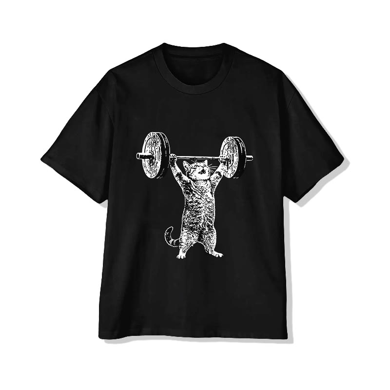 Unisex Cat Weightlifting Print Short Sleeved Crew Neck T-Shirt - Black - 2XL - image 1