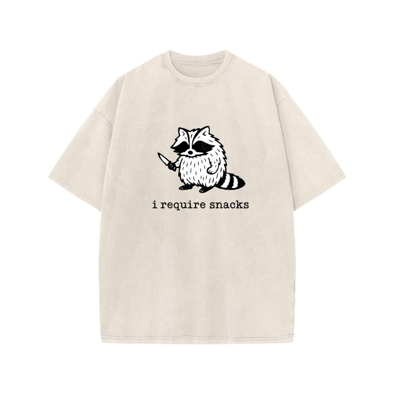  Funny Raccoon I Require Snacks print Acid Washed T-shirt - Beige - US20-22(3XL) - image 2