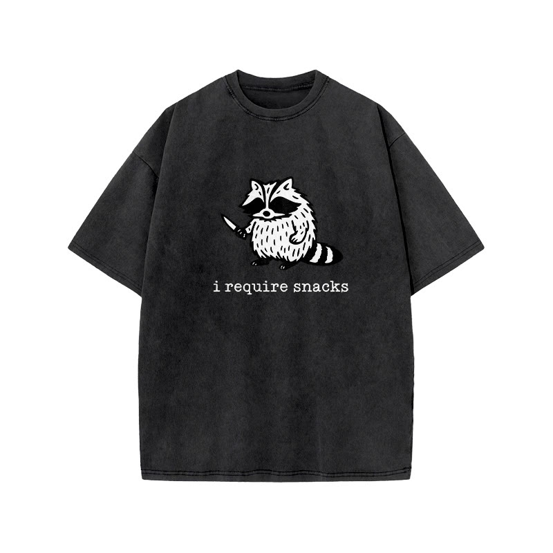  Funny Raccoon I Require Snacks print Acid Washed T-shirt - Black - US20-22(3XL) - image 1
