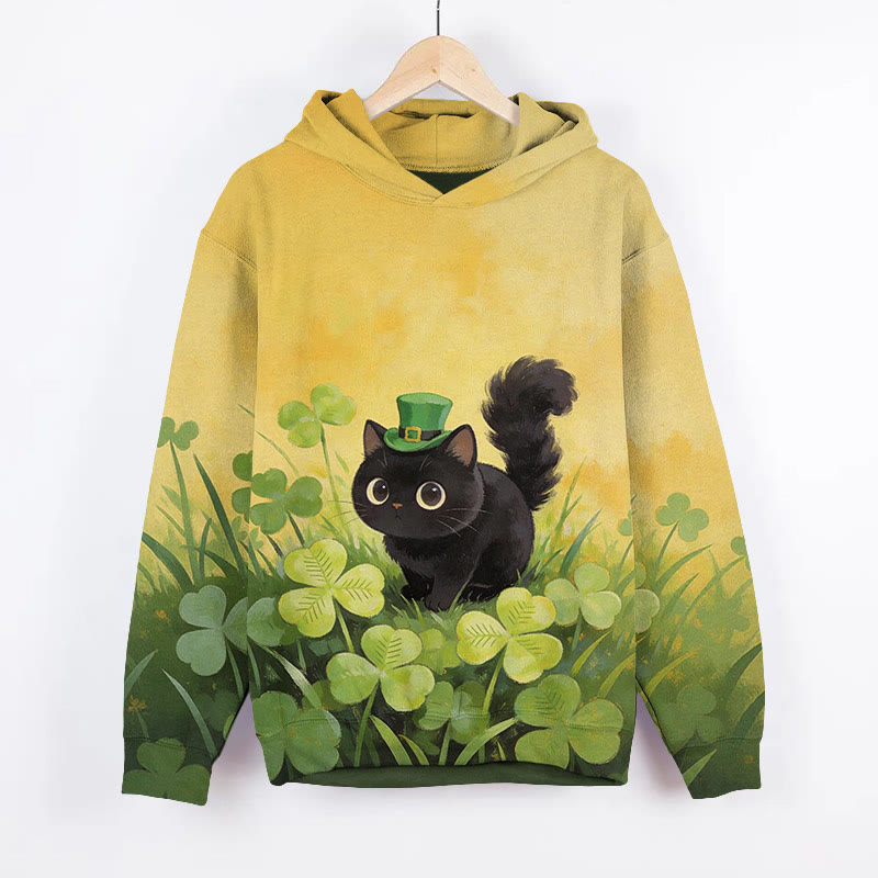 St. Patrick's Day Black Cat Art Print Long Sleeve Hoodie - Yellow - US44-46(8XL) - image 2