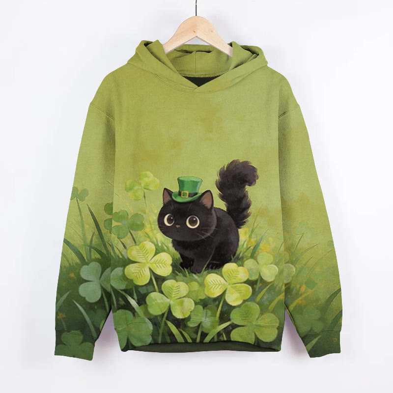 St. Patrick's Day Black Cat Art Print Long Sleeve Hoodie - Green - US44-46(8XL) - image 1