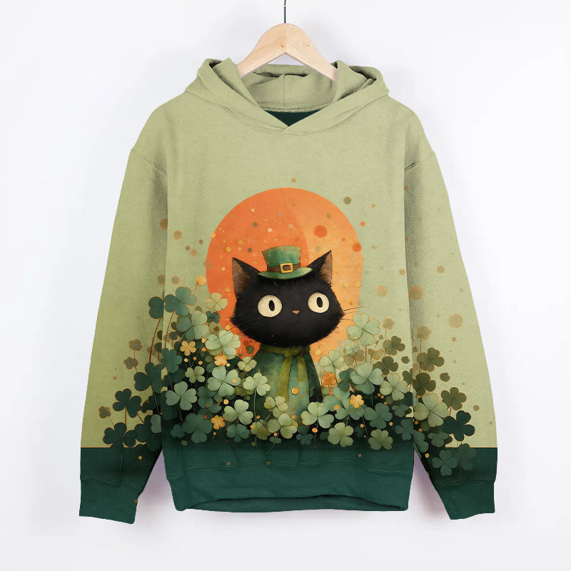 St. Patrick's Day Four-leaf Clover Black Cat Art Print Long Sleeve Hoodie - Green - US44-46(8XL) - image 1