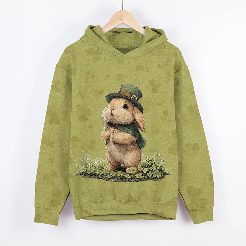 St. Patrick's Day Four-leaf Clover Rabbit Art Print Long Sleeve Hoodie - Green - US44-46(8XL) - image 1