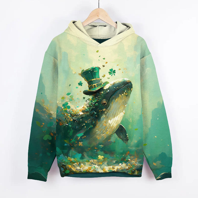 St. Patrick's Day Whale Art Print Long Sleeve Hoodie - Green - US44-46(8XL) - image 2