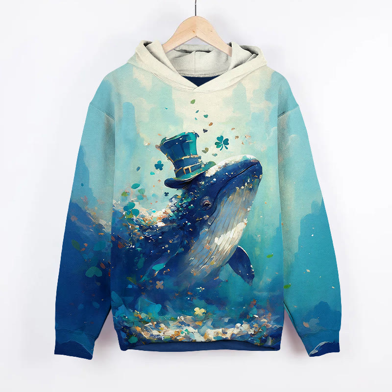  St. Patrick's Day Whale Art Print Long Sleeve Hoodie - Blue - US44-46(8XL) - image 1