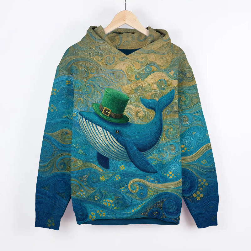 St. Patrick's Day Four-leaf Clover Whale Starry Sky Art Print Long Sleeve Hoodie - Blue - US44-46(8XL) - image 2