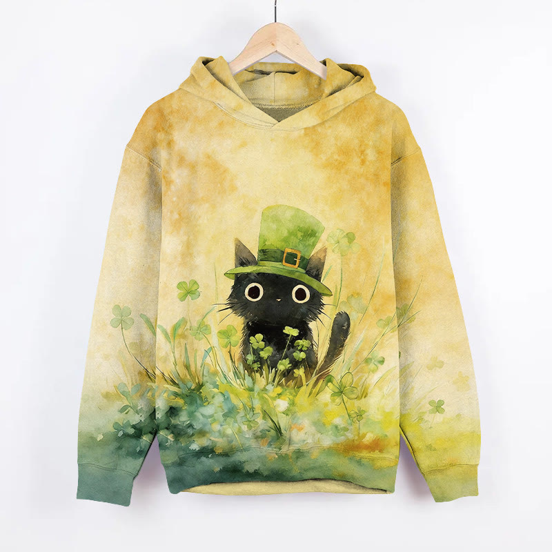St. Patrick's Day Four-leaf Clover Cute Cat Art Print Long Sleeve Hoodie - Yellow - US44-46(8XL) - image 2