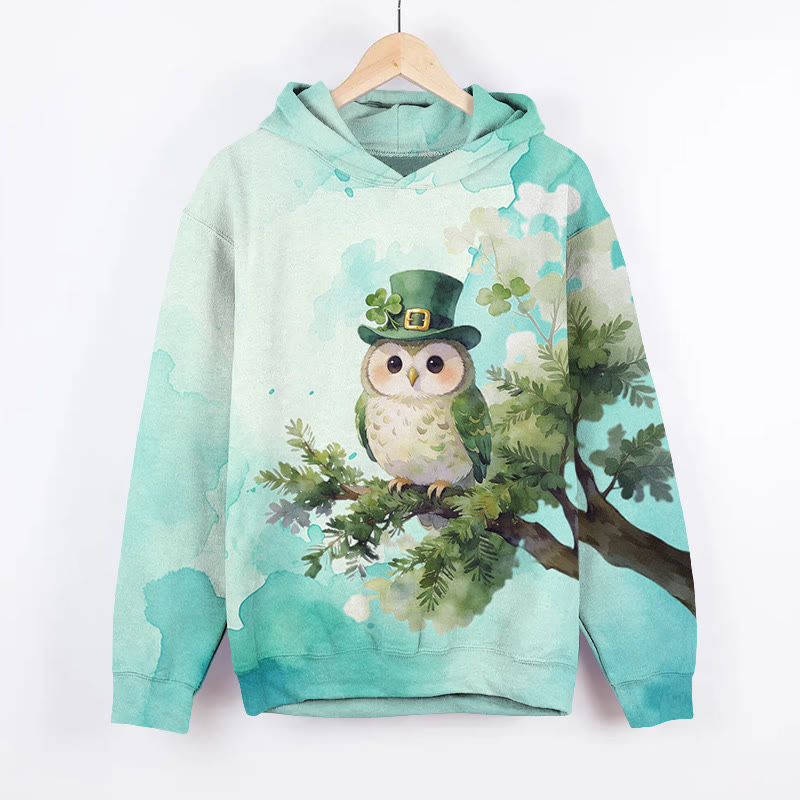 St. Patrick's Day Owl Art Print Long Sleeve Hoodie - Blue - US44-46(8XL) - image 2