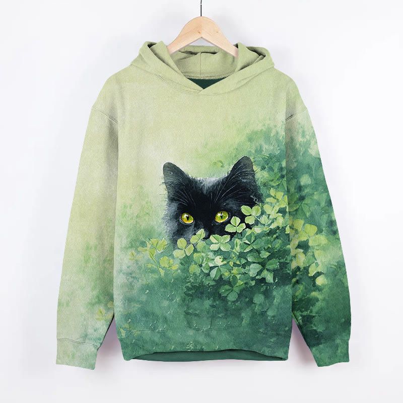  St. Patrick's Day Black Cat Four-leaf Clover Art Print Long Sleeve Hoodie - Green - US44-46(8XL) - image 1