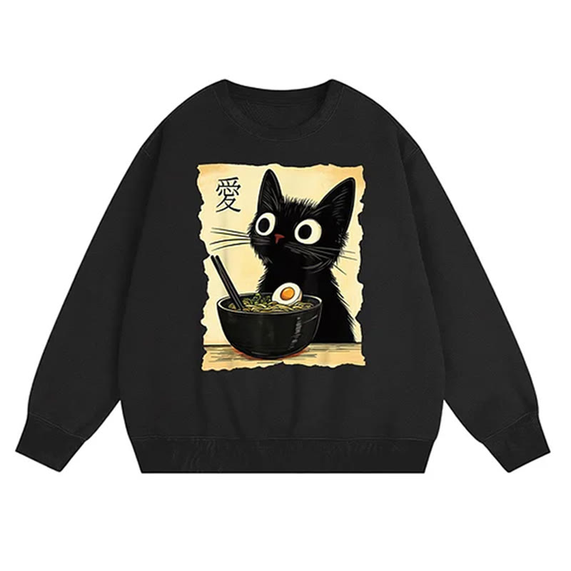 Unisex Funny Cat Eating Ramen Print Short Sleeved Crew Neck T-Shirt - Black - US16-18(2XL) - image 1