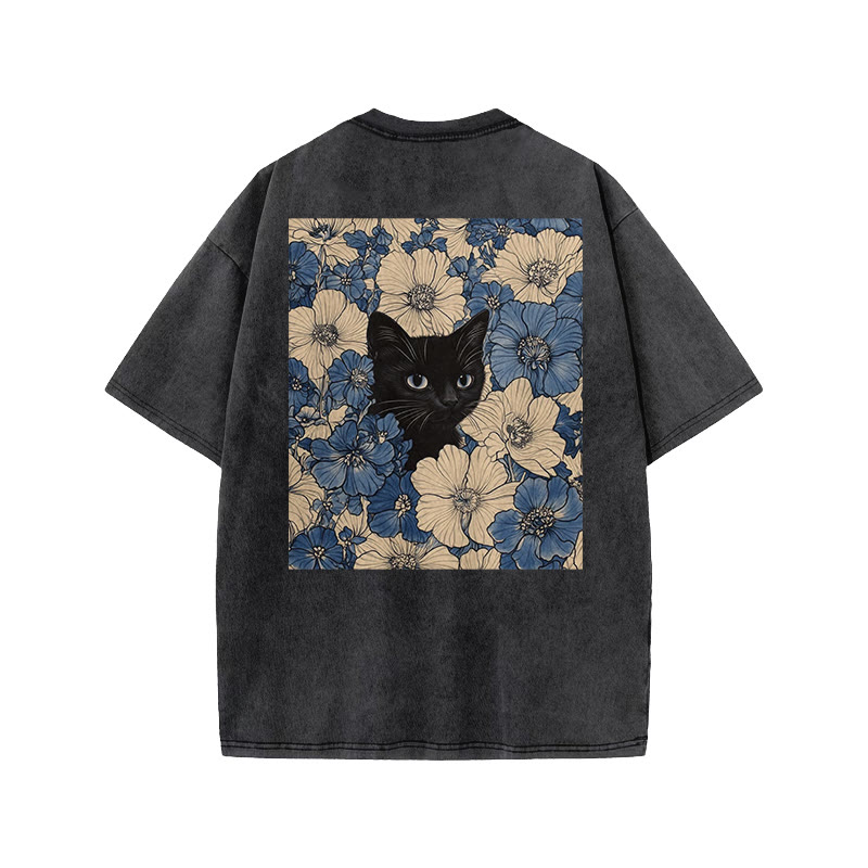 Floral & Black Cat Print Acid Washed T-shirt - Black - US20-22(3XL) - image 1