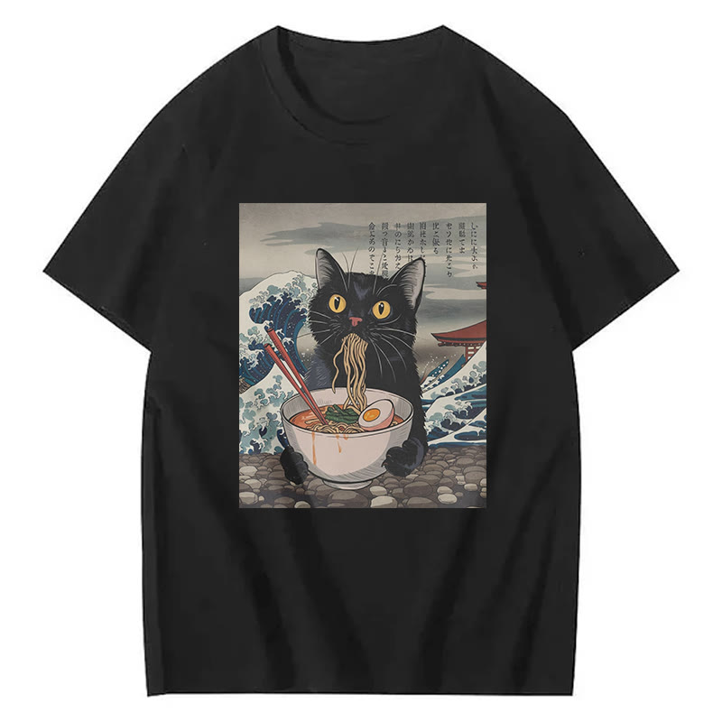Ukiyo-E Black Cat Ramen Print Short Sleeved Crew Neck T-Shirt - Black - 2XL - image 1