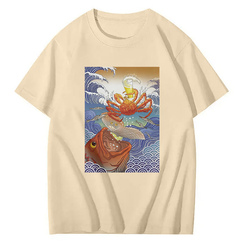 Ukiyo-E Seafood And Beer  Print Short Sleeved Crew Neck T-Shirt - Apricot - 2XL - image 1