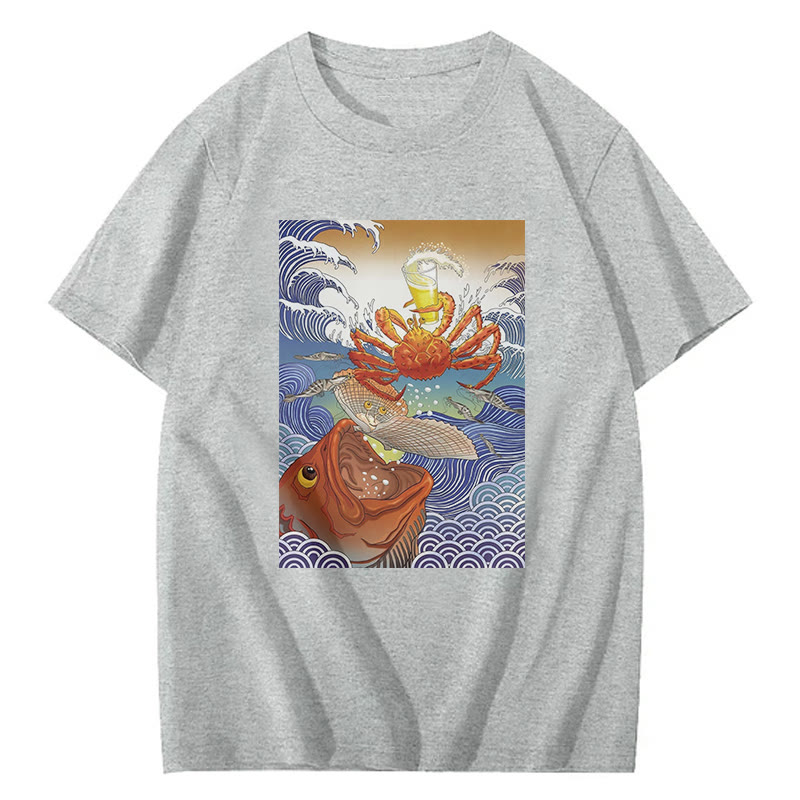Ukiyo-E Seafood And Beer  Print Short Sleeved Crew Neck T-Shirt - Grey - 2XL - image 3